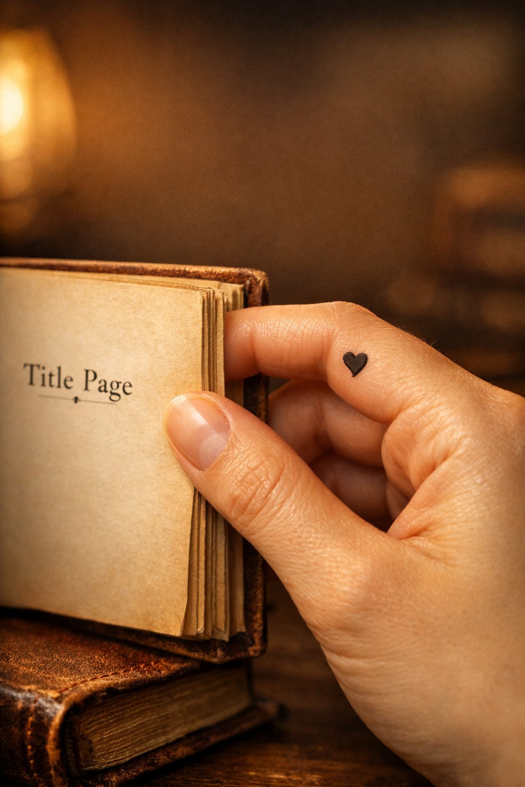 Macro shot of a tiny heart tattoo on the side of the index finger, positioned like a quotation mark. The hand is gently holding a worn, leather-bound book open to a title page. Lit by soft, warm lamplight."