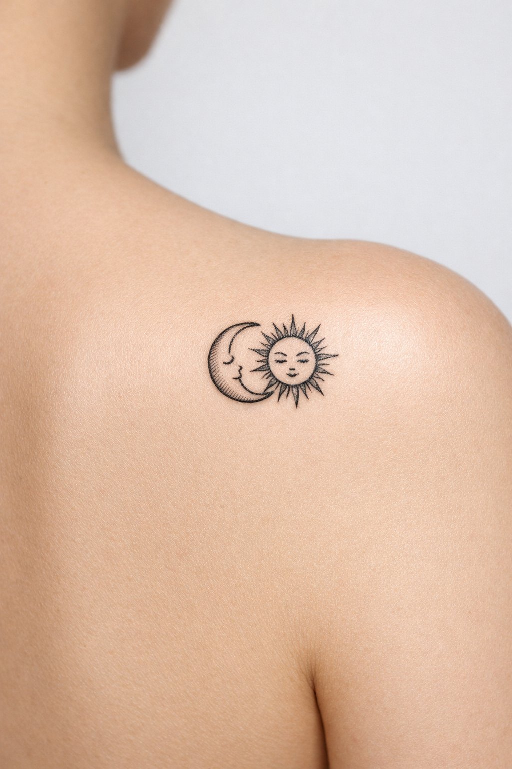 Macro shot of the shoulder blade: a micro sun and moon tattooed in fine black lines, nestled together. The surrounding skin is smooth, making the small symbols pop.