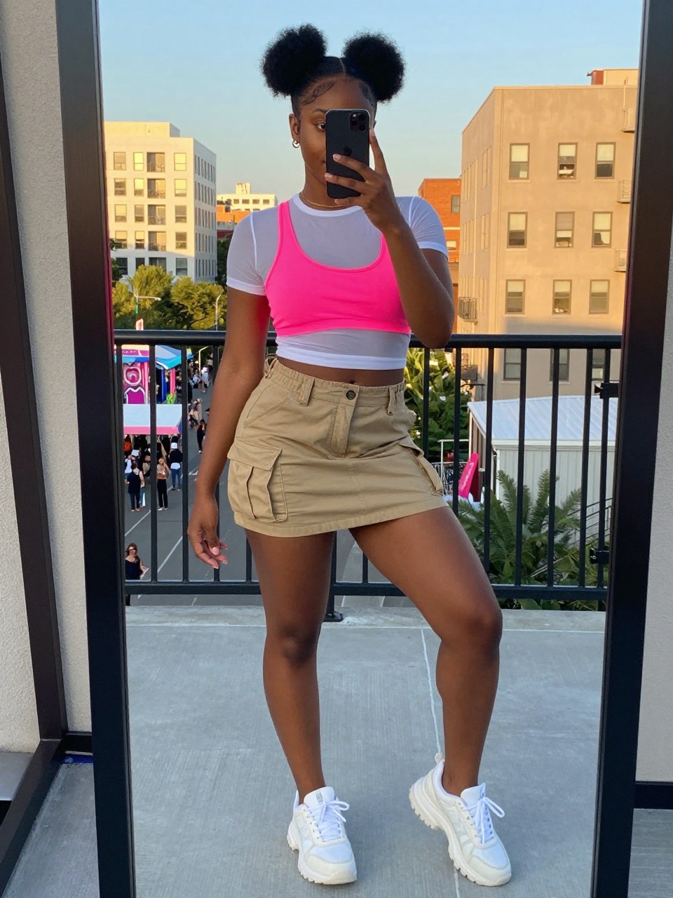 iPhone mirror selfie of a black woman wearing a neon pink sports bra under a sheer white mesh top tucked into a khaki cargo mini skirt with white chunky sneakers and space buns hairstyle, standing in a playful festival-ready pose, cropped at NECK so face doesn't show, in a city apartment, evening golden hour, iPhone photo quality.