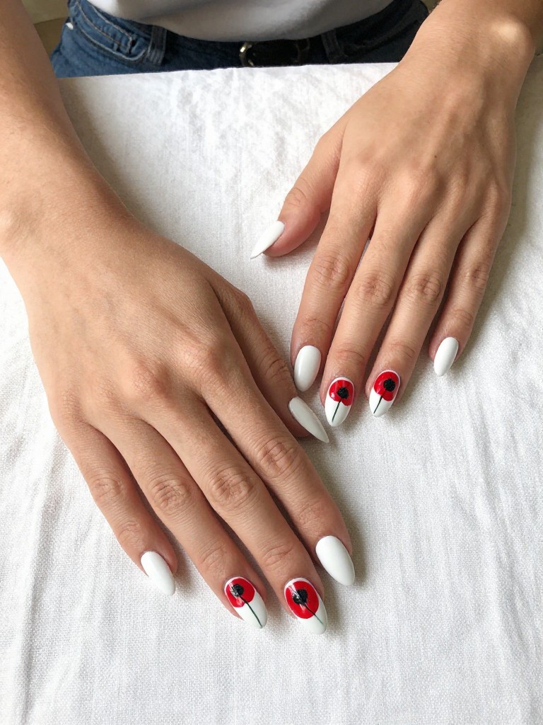 Bird's-eye view of hands with almond nails resting on a white linen tablecloth. The nails are matte white. Two or three simple red poppies with distinctive black centers are painted on each nail. The setting is a bright, sunlit art studio.