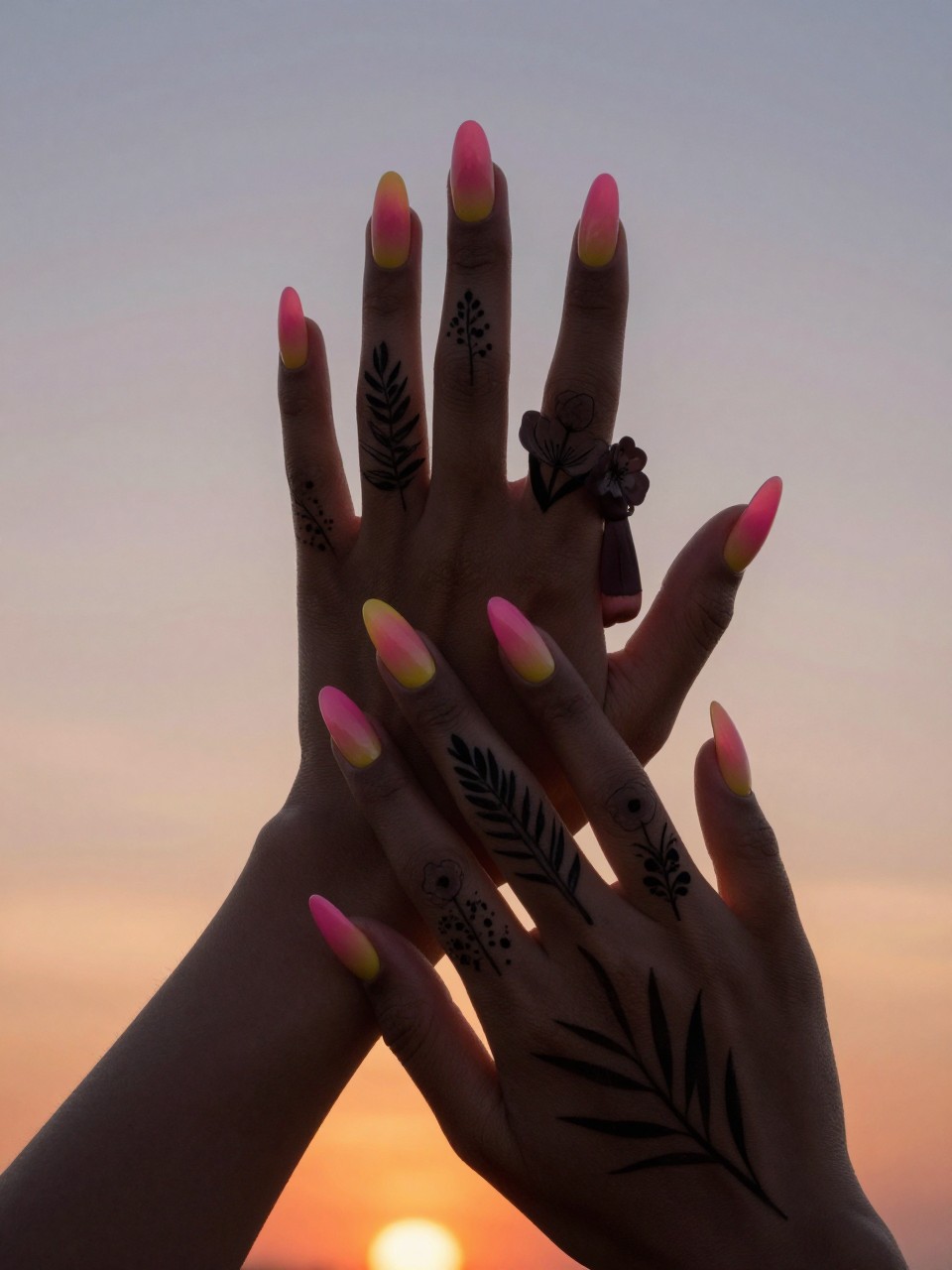 Angled view of feminine black hands with long nails against a real sunset sky. The nails show a vivid pink-to-yellow ombré. The black silhouettes of palm fronds and simple florals are painted across them. The look is dramatic, beautiful, and summery.