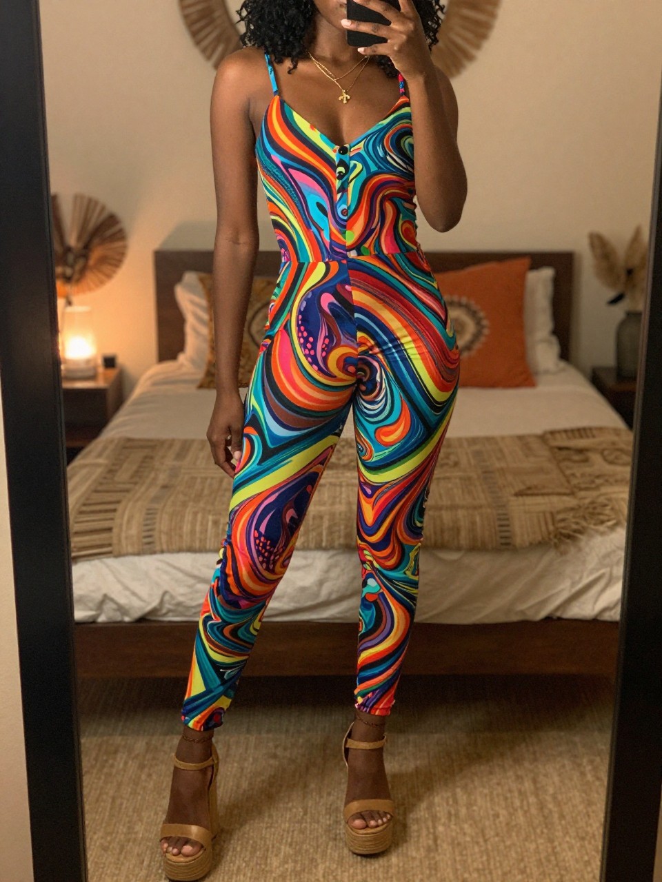 mirror selfie of a black woman in a psychedelic print jumpsuit and platform sandals, posed with slight turn, cropped at NECK so face doesn't show, in a bohemian-themed bedroom with warm moody lighting, iPhone photo quality.