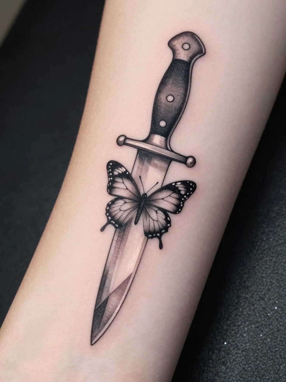 Close-up of a wrist tattoo: a knife with a glass-like, hollow blade containing a suspended butterfly. Rendered with fine lines and subtle shading for transparency. Make it realistic