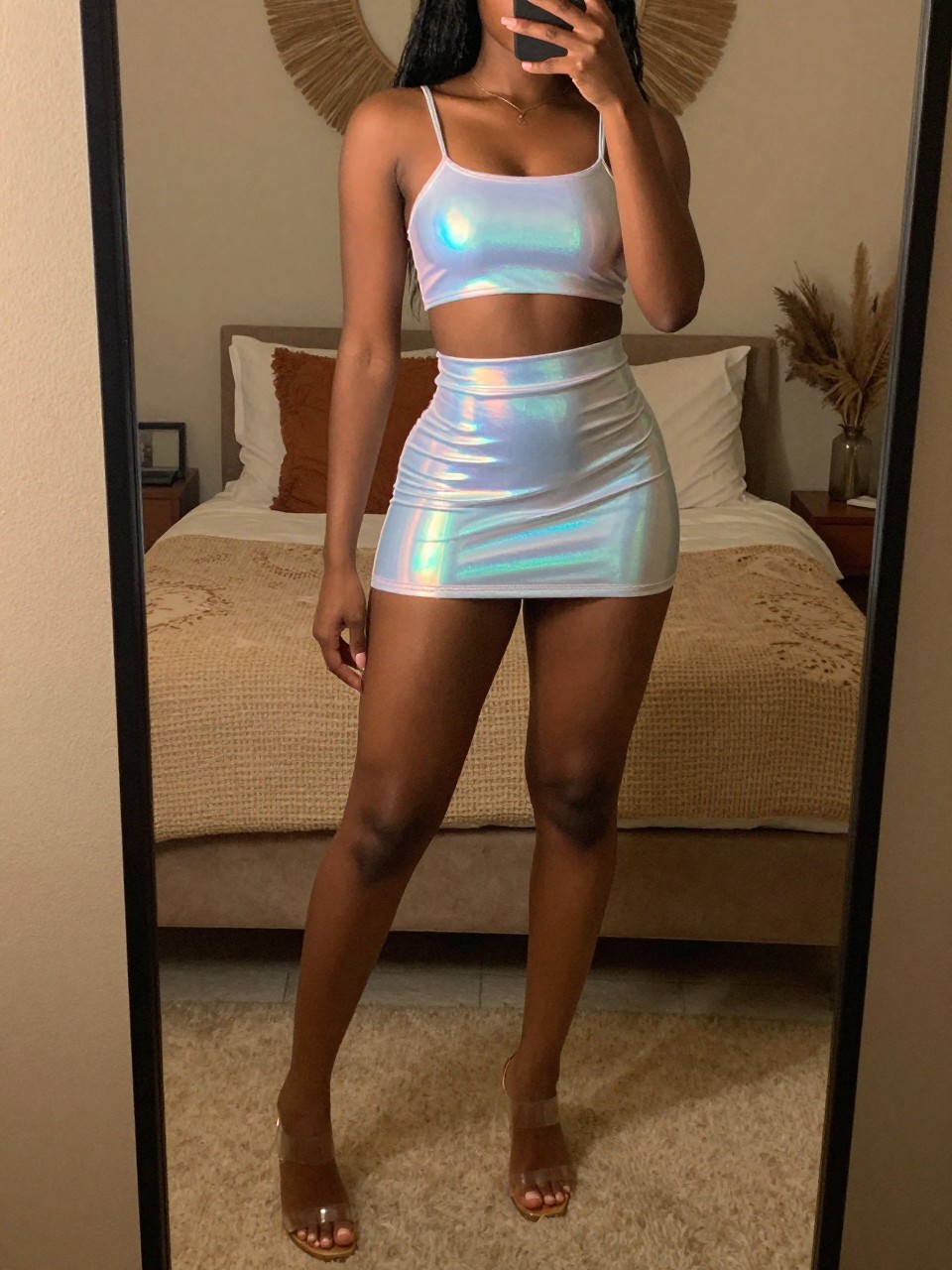 mirror selfie of a black woman in a holographic two-piece and clear heels, one hand behind head, cropped at NECK so face doesn't show, in a bohemian-themed bedroom with warm moody lighting, iPhone photo quality.