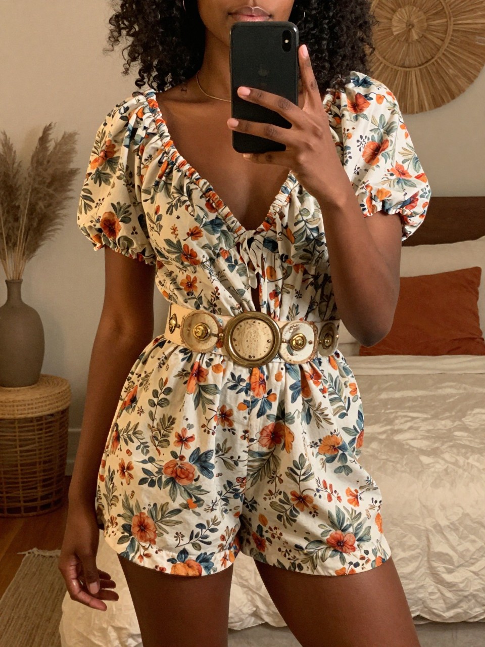 mirror selfie of a black woman in a floral puff sleeve romper with statement belt, phone held naturally, cropped at NECK so face doesn't show, in a bohemian-themed bedroom with warm moody lighting, iPhone photo quality.