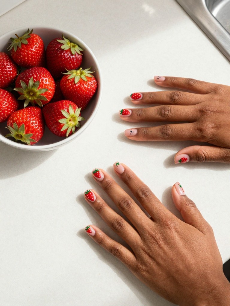 Top-down view of black female hands with short, square nails laid near a bowl of fresh strawberries. The nails have cute painted strawberries with green leaves. The setting is a sunny kitchen counter.