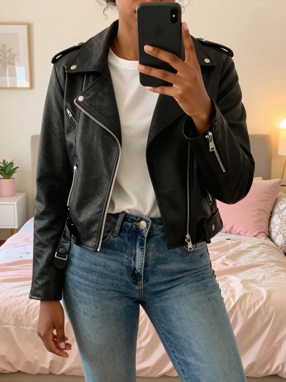 iPhone mirror selfie of a Black woman wearing a black motorcycle jacket over a white tee and jeans, posed casually with her phone in one hand, cropped at NECK so face doesn't show, in a bright feminine-themed bedroom, evening golden hour light, iPhone photo quality.