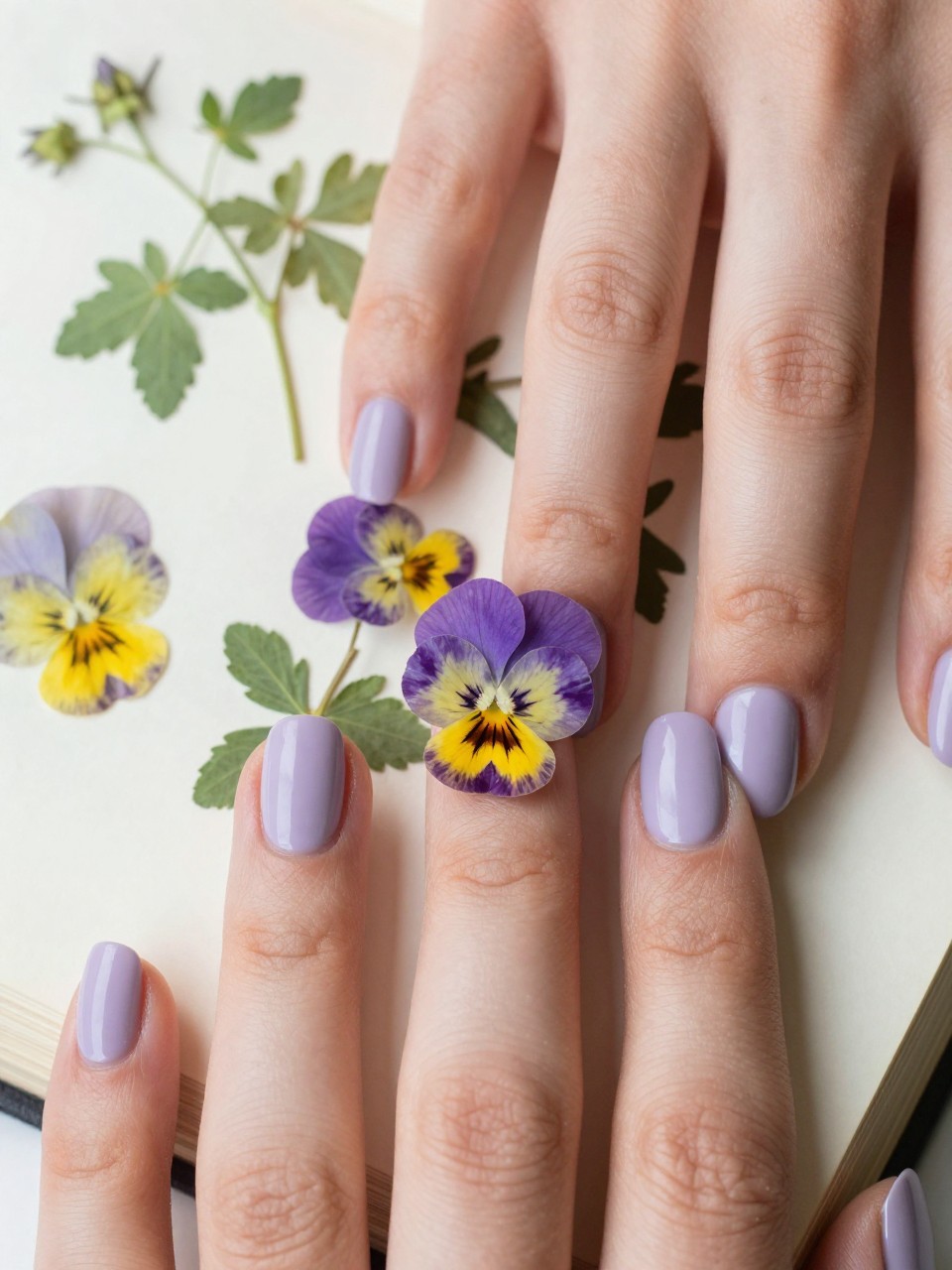 Macro, top-down view of hands over an open botanical book. The nails are a matte pale lavender. The ring fingers have a real, pressed purple and yellow pansy perfectly preserved under a domed glossy top coat. The light is clear and detailed.