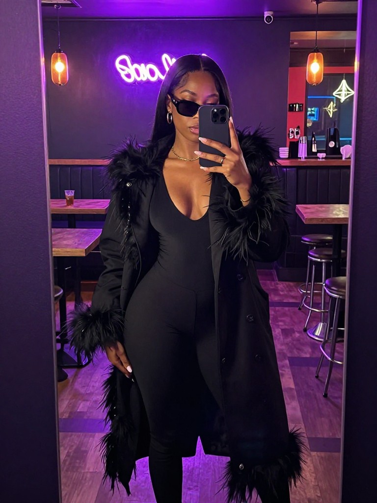 mirror selfie of a black woman in a black feather-trim coat worn open over a black bodysuit and trousers, holding sunglasses, cropped at hips, in a vibrant cocktail bar with neon sign glow, iPhone photo quality.