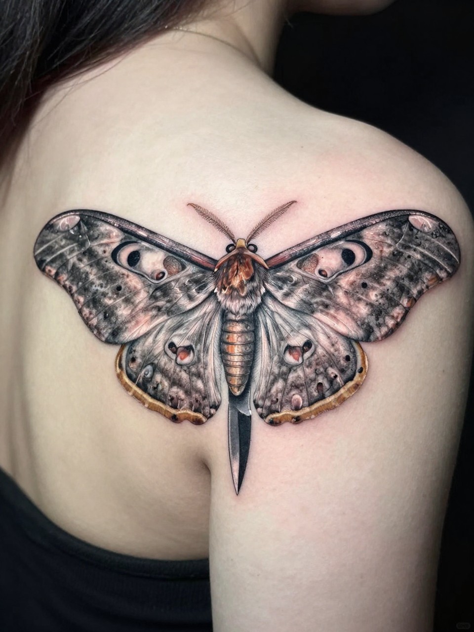 Back of shoulder detailed tattoo: a decaying luna moth with a sharp, organic-looking knife blade growing from its thorax. Unsettling and symbiotic. make the tattoo look realistic