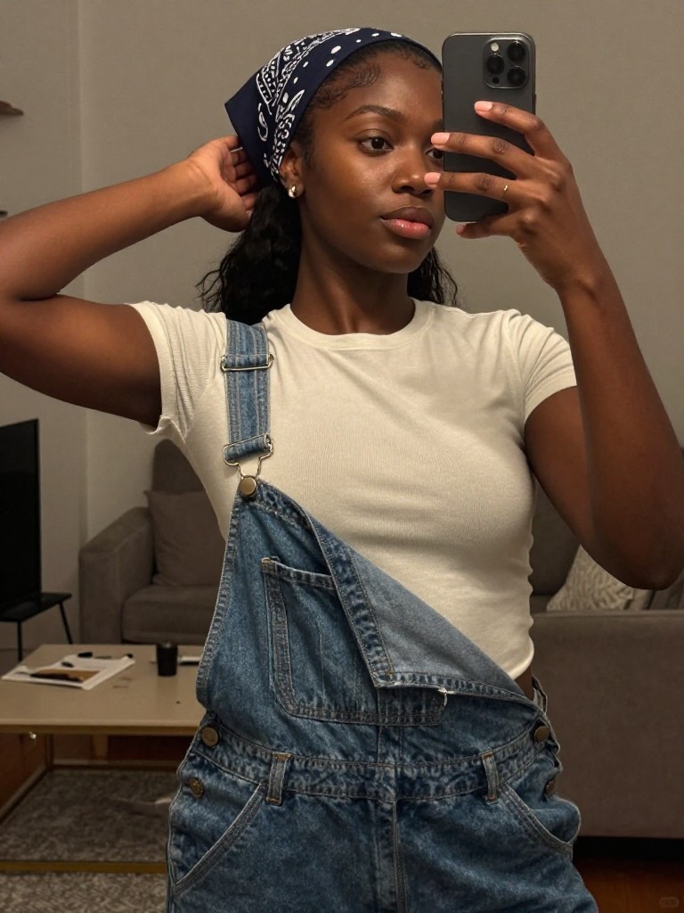 mirror selfie of a black woman in overalls and a fitted tee, tying a bandana in her hair, cropped at NECK so face doesn't show, in a city apartment, warm moody lighting, iPhone photo quality.