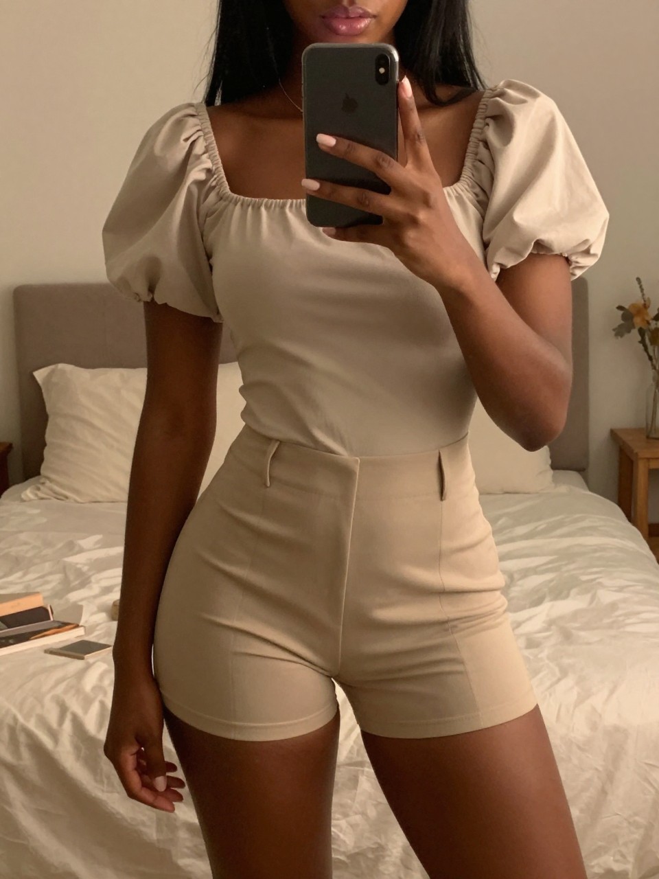 iPhone mirror selfie of a black woman in a puff sleeve top and tailored shorts, phone held naturally, cropped at NECK so face doesn't show, in a feminine-themed bedroom with warm moody lighting, iPhone photo quality.