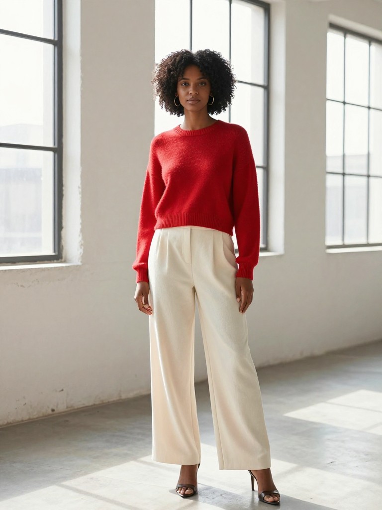 A black woman stands in a bright, airy loft with large windows, posing to show the intentional cropped fit of her red sweater against the flowy cream trousers. The natural light makes both colors pop.
