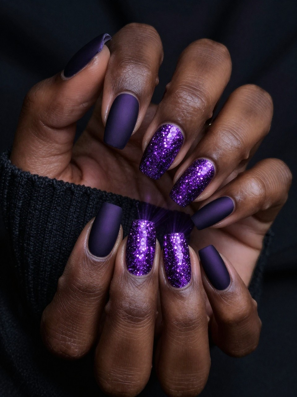 Close-up, top-down view of black feminine hands against a dark sweater. The nails are a matte black-purple. A burst of concentrated holographic purple glitter sits in the center of each nail, fading outwards. The effect is cosmic and magical under low light.
