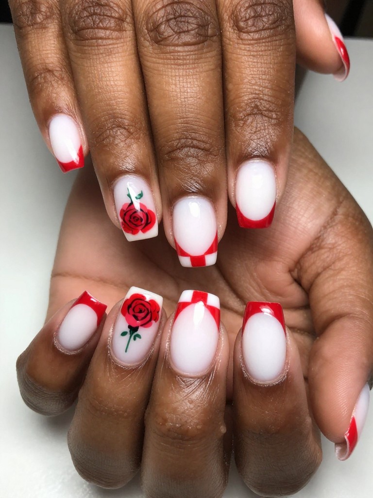 Close-up view of black hands with a checkered red and white French tip. The nail bed is solid white. A single, small red rose is painted near the cuticle on each nail. The composition is neat, balanced, and eye-catching.