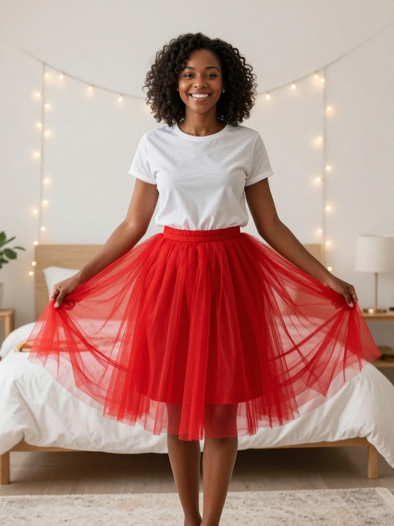A cheerful black woman stands in a bright bedroom with fairy lights, playfully lifting the layers of her red tulle skirt. The soft, ambient light captures the fun texture and bold color of the skirt against the casual tee.