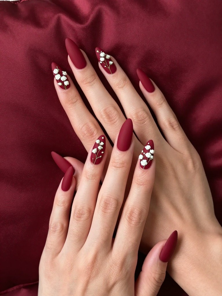 Bird's-eye view of hands with long, tapered nails resting on a burgundy silk pillow. The nails are matte oxblood red. Delicate white baby’s breath clusters with micro green stems are painted on each nail. The lighting is soft and romantic.