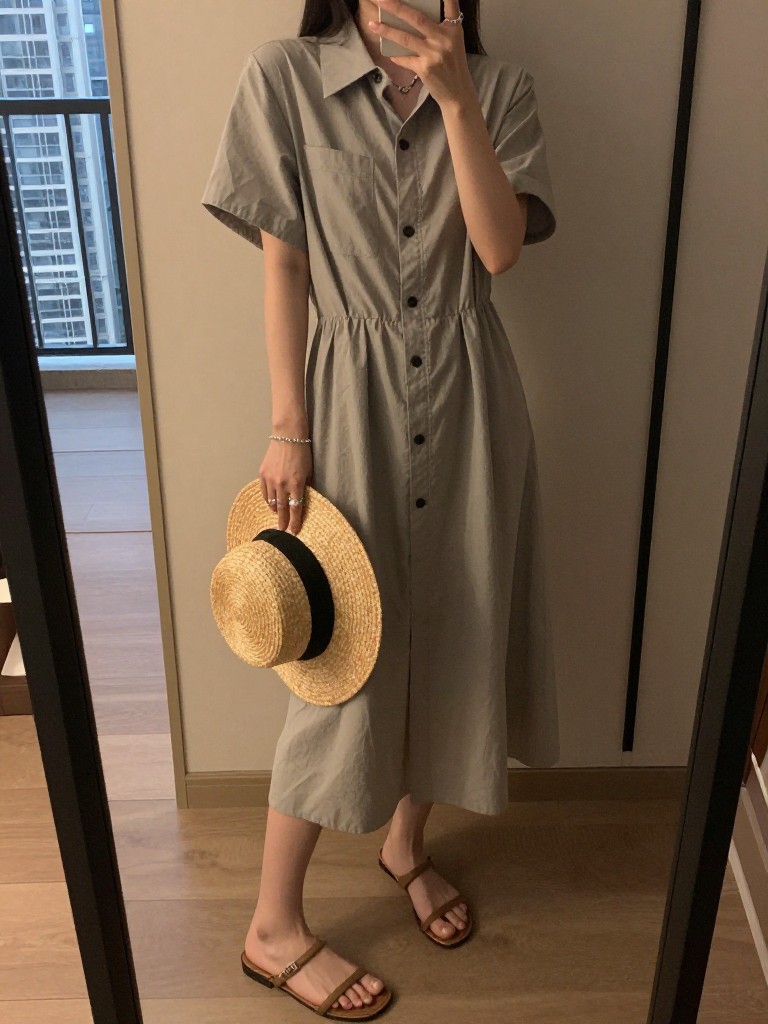 iPhone mirror selfie of a woman in a shirtdress and slide sandals, holding a straw hat, cropped at NECK so face doesn't show, in a city apartment, warm moody lighting, iPhone photo quality.