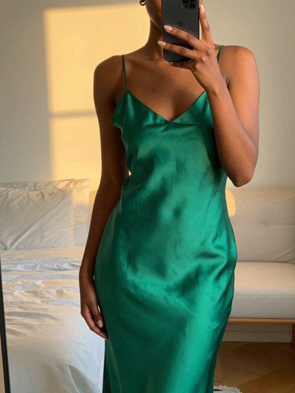 iPhone mirror selfie of a black woman wearing an emerald green silk slip dress, standing with her phone at her side looking slightly away, cropped at NECK so face doesn't show, in a feminine-themed bedroom, evening golden hour light, iPhone photo quality.