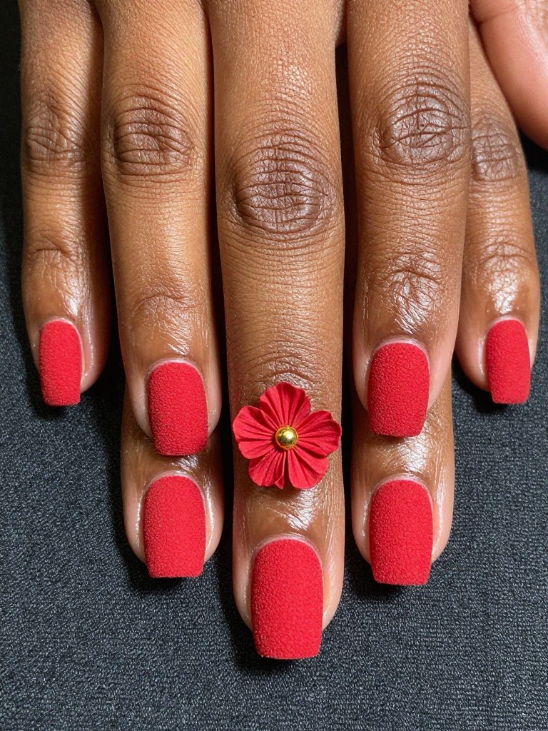 Macro, top-down view of a black female nail with a textured, suede-like red finish. A single, small gold bead sits in the center of the nail, resembling a flower's stamen. The hands rest on a textured fabric, highlighting the tactile feel.