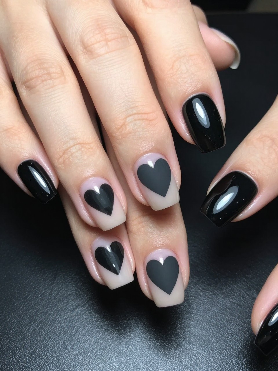 Close-up of nails under direct light. The base is glossy black. A large heart in matte black is centered on each nail. The hand is posed against a glossy black surface, emphasizing the sophisticated textural monochrome.