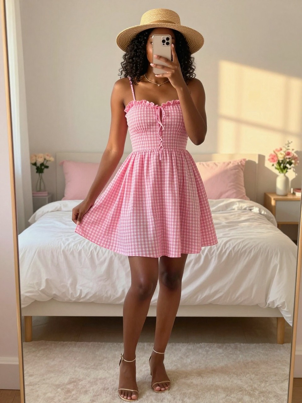iPhone mirror selfie of a Black woman wearing a pink gingham dress with a straw hat, standing with one foot forward and phone in the other, cropped at NECK so face doesn't show, in a bright feminine-themed bedroom, evening golden hour light, iPhone photo quality.