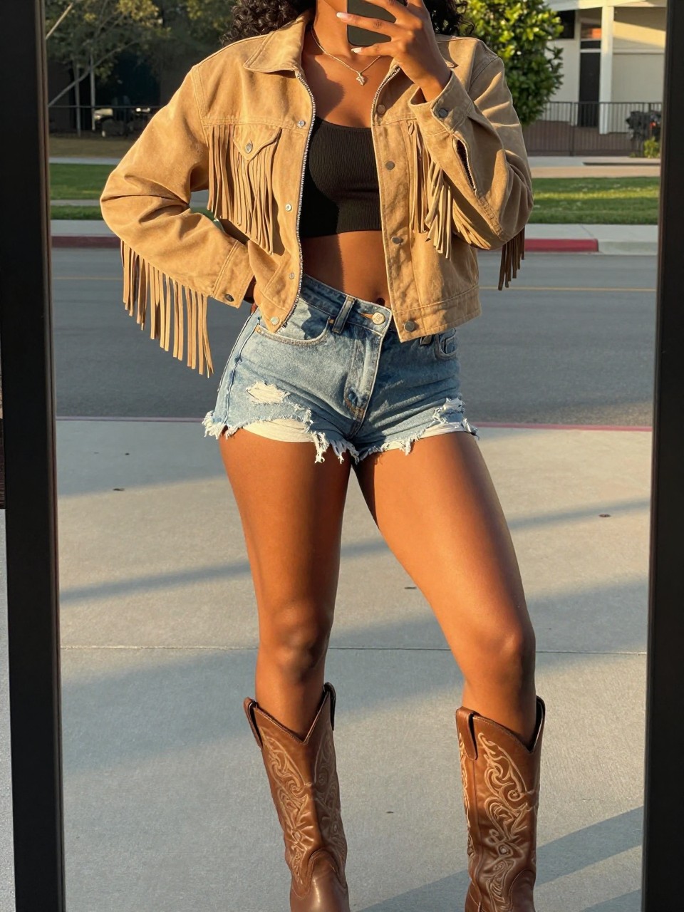 mirror selfie of a black woman in a tan fringe jacket and denim shorts with cowboy boots, one hand on hip, cropped at NECK so face doesn't show, in a sunny outdoor setting with golden hour lighting, iPhone photo quality.
