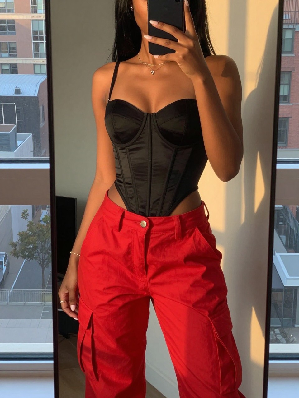 iPhone mirror selfie of a black woman in red cargo pants and a black corset top, angled slightly, cropped at NECK so face doesn't show, in a city apartment during evening golden hour, iPhone photo quality.