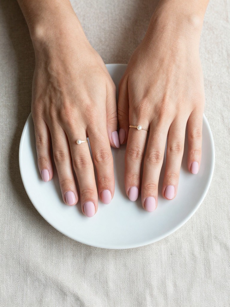 Top-down view of hands gently laid on a porcelain ring dish. The nails are very short and oval, painted a flat, matte ballet-slipper pink. On each ring finger, a single small pearl is affixed near the base. The setting is a soft, neutral linen backdrop with diffused natural light.
