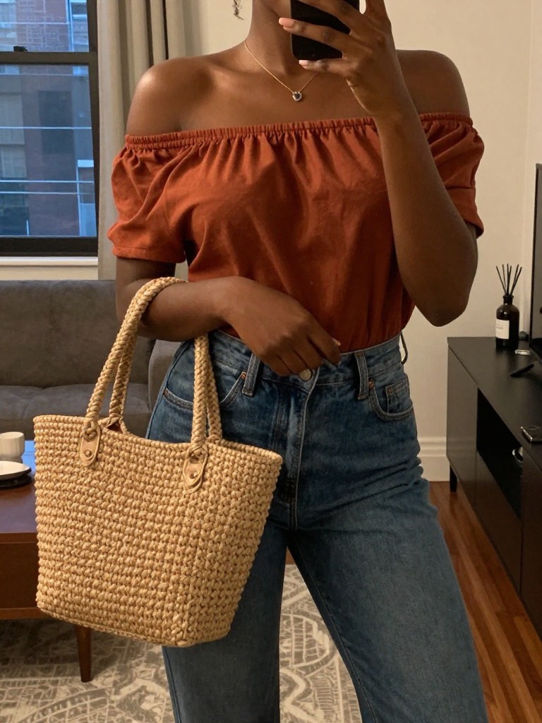Mirror selfie of a black woman in an off-the-shoulder top and jeans, holding a raffia bag, cropped at NECK so face doesn't show, in a city apartment, warm moody lighting, iPhone photo quality.
