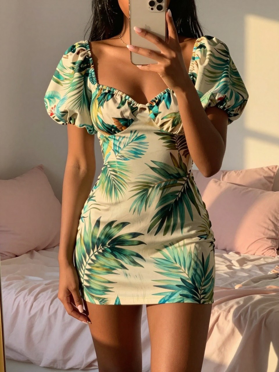 iPhone mirror selfie of a black woman wearing a tropical print puff-sleeve mini dress, standing with her phone in front, cropped at NECK so face doesn't show, in a feminine-themed bedroom, evening golden hour light, iPhone photo quality.