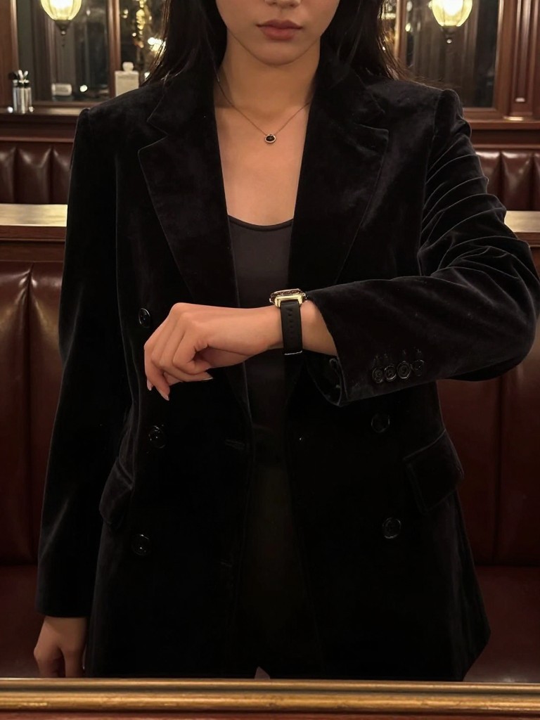 iPhone mirror selfie of a woman in a velvet blazer and camisole, checking her watch, cropped at neck so face doesn't show, in a moody bar with leather booths, warm moody lighting, iPhone photo quality.