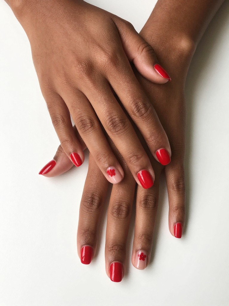 Overhead view of black female hands with neat, short nails on a white desk. The nails are mostly glossy red, but each has a small, bare half-moon at the base. A single, micro red flower is painted inside that bare space. The look is graphic and cute.