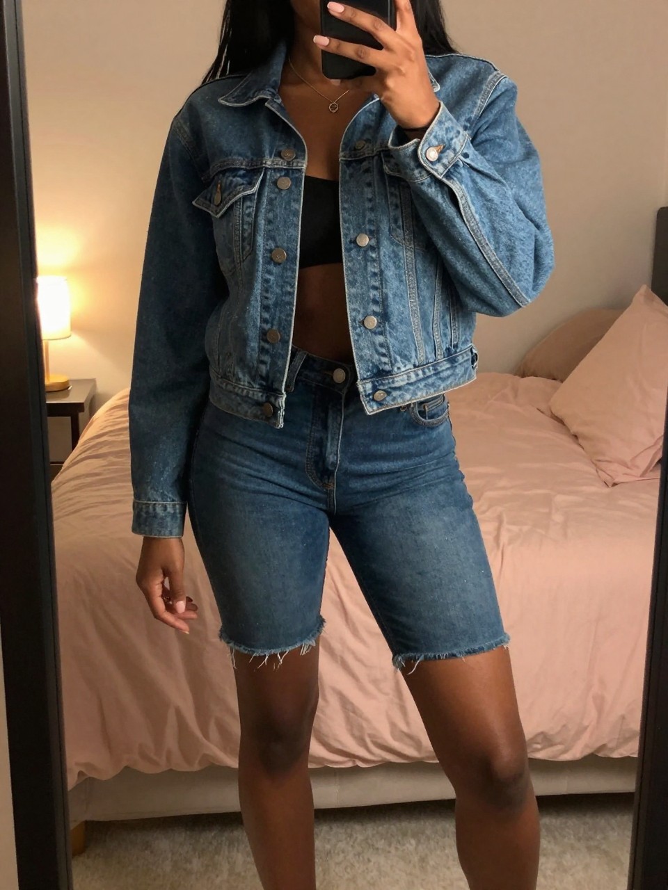 mirror selfie of a black woman in a jean jacket and bike shorts, one foot forward, cropped at NECK so face doesn't show, in a feminine-themed bedroom with warm moody lighting, iPhone photo quality.