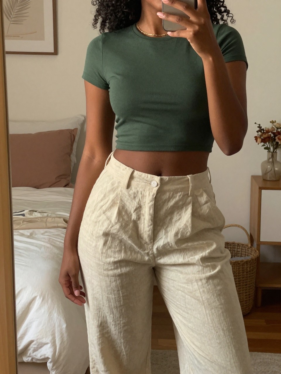 iPhone mirror selfie of a black woman wearing a forest green cropped top and cream linen pants, standing in a relaxed pose, cropped at NECK so face doesn't show, in a feminine-themed bedroom, warm moody lighting, iPhone photo quality.
