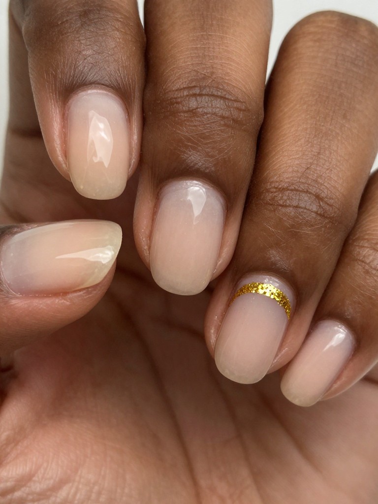 Extreme close-up, top-down view of black hands with short, natural oval nails. The nails have a sheer, sandy beige base. Right at the cuticle, a thin, concentrated line of gold glitter sits like a delicate halo. The lighting catches the glitter, making it sparkle against the neutral base.