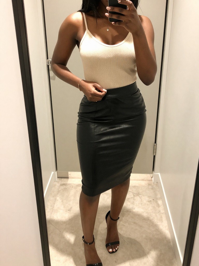 iPhone mirror selfie of a black woman in a black leather pencil skirt and a cream thin knit top, adjusting her ankle strap, cropped at waist, in a walk-in closet with full-length mirror and warm lighting, iPhone photo quality.