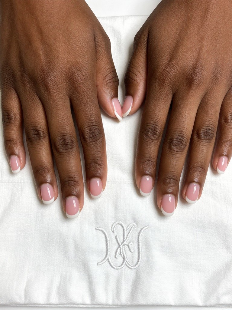 Bird's-eye view of black hands laid flat on a crisp, white cotton handkerchief embroidered with a white monogram. The nails are a short squoval shape. A micro-thin, crisp white line defines the very tip of each nail against a sheer pink base. The lighting is clear and sharp, highlighting the precision.