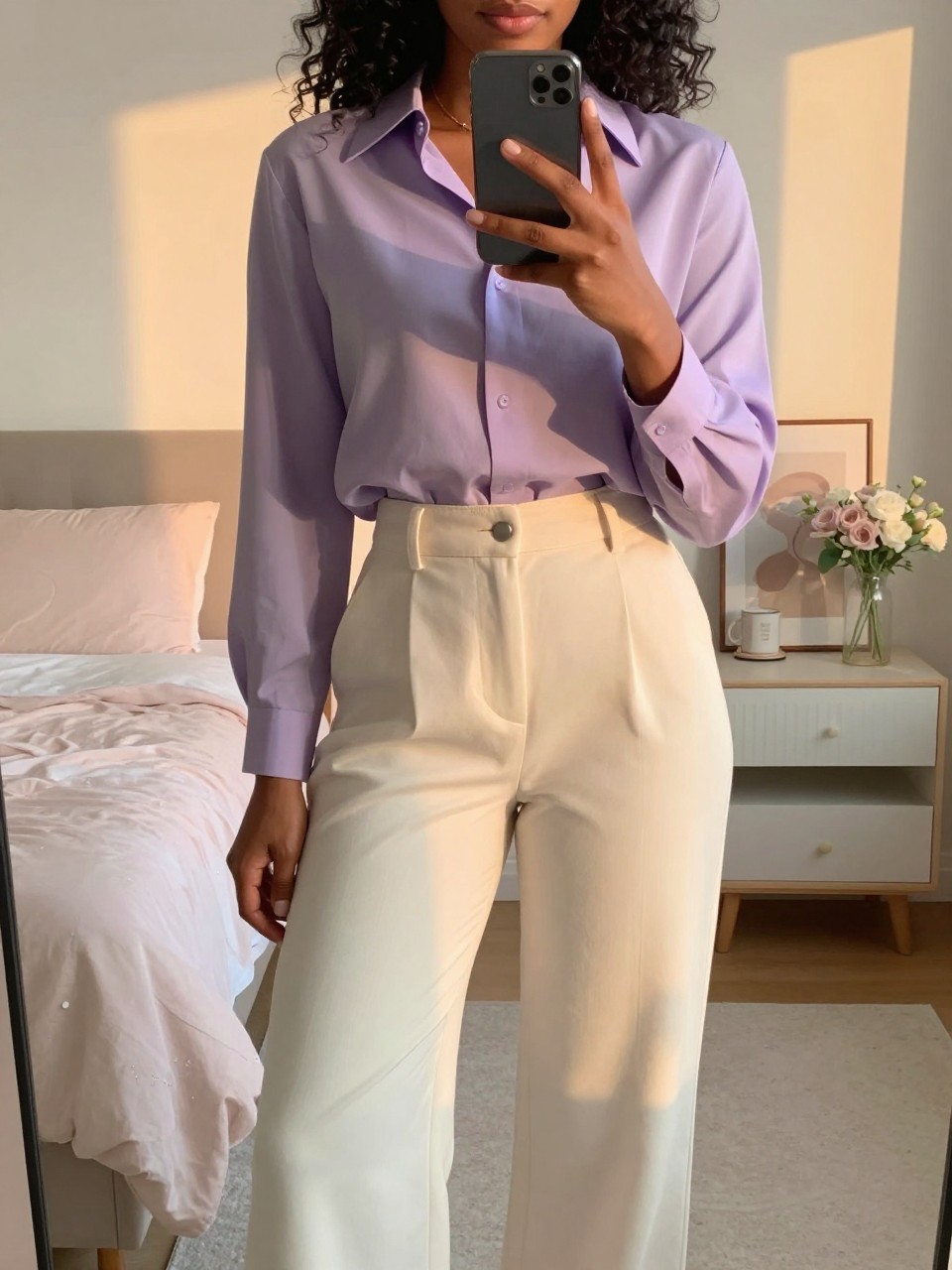 iPhone mirror selfie of a Black woman wearing a lilac blouse with cream wide-leg pants, standing with her weight shifted and phone low, cropped at NECK so face doesn't show, in a bright feminine-themed bedroom, evening golden hour light, iPhone photo quality.