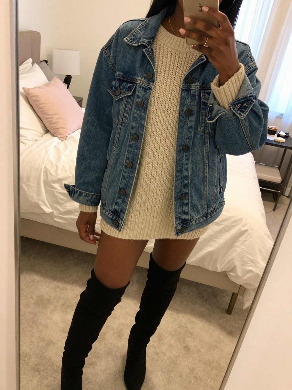 iPhone mirror selfie of a black woman in a jean jacket over a chunky sweater with knee-high boots, angled slightly, cropped at NECK so face doesn't show, in a feminine-themed bedroom with warm moody lighting, iPhone photo quality.