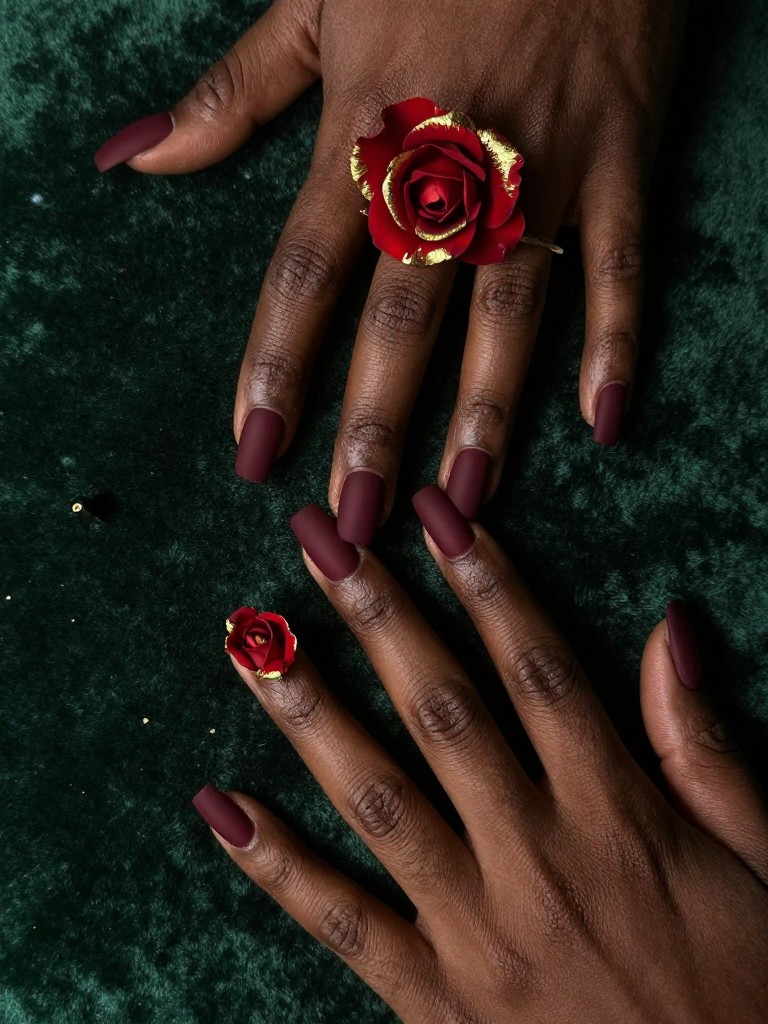 Overhead view of black hands with coffin nails resting on a dark green velvet background. The nails are matte burgundy. Each ring finger has a detailed red rose with gold leaf or gold polish delicately lining some petals. The lighting is warm and dramatic.