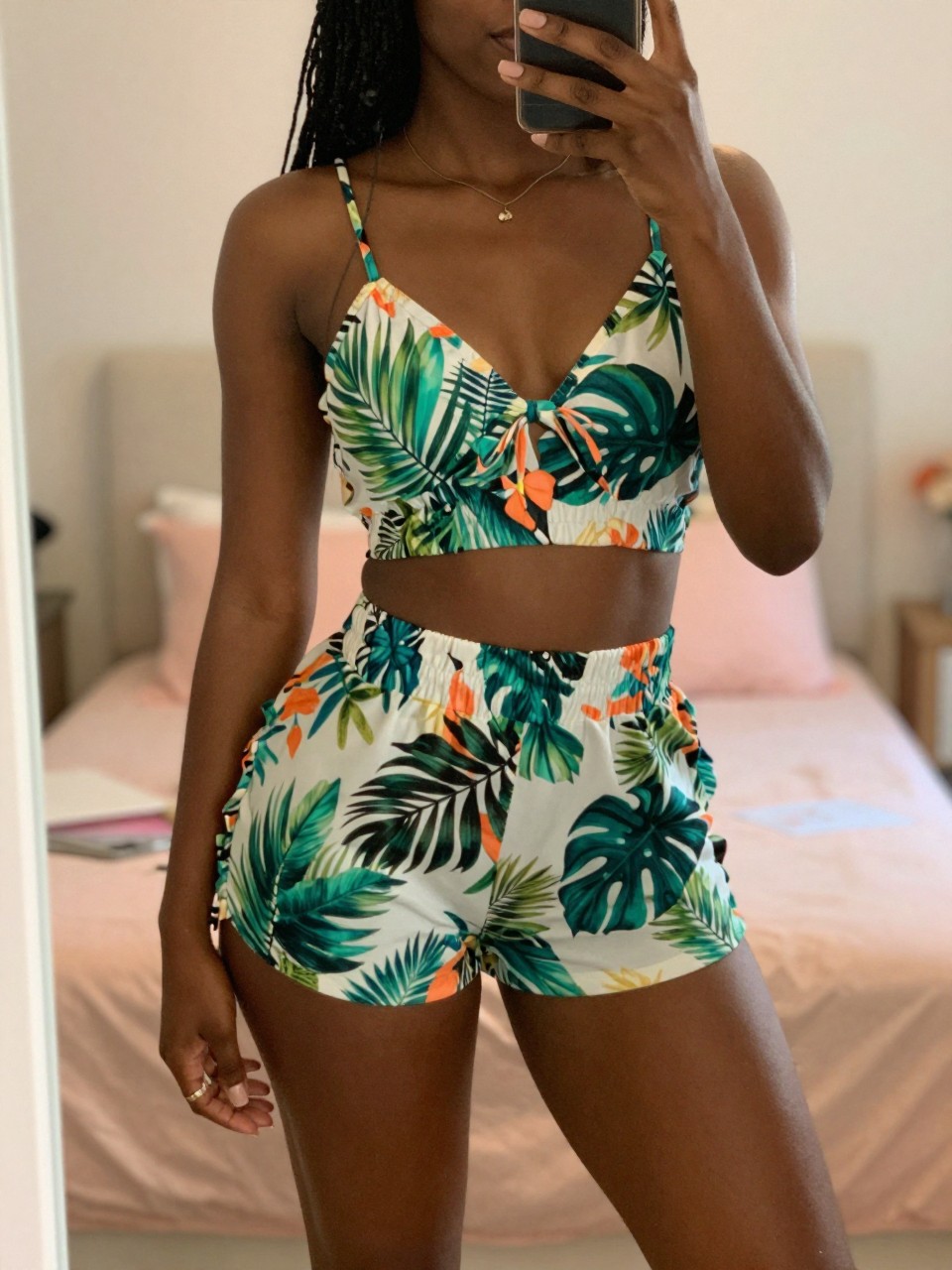 iPhone mirror selfie of a black woman wearing a tropical print co-ord set, posing with one hand behind her head, cropped at NECK so face doesn't show, in a bright feminine-themed bedroom, warm moody lighting, iPhone photo quality.