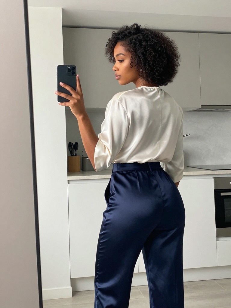 mirror selfie of a black woman from behind, showing the back detail of a silk top paired with navy satin trousers, looking back at mirror, cropped at lower back, in a modern kitchen with minimalist decor, iPhone photo quality.