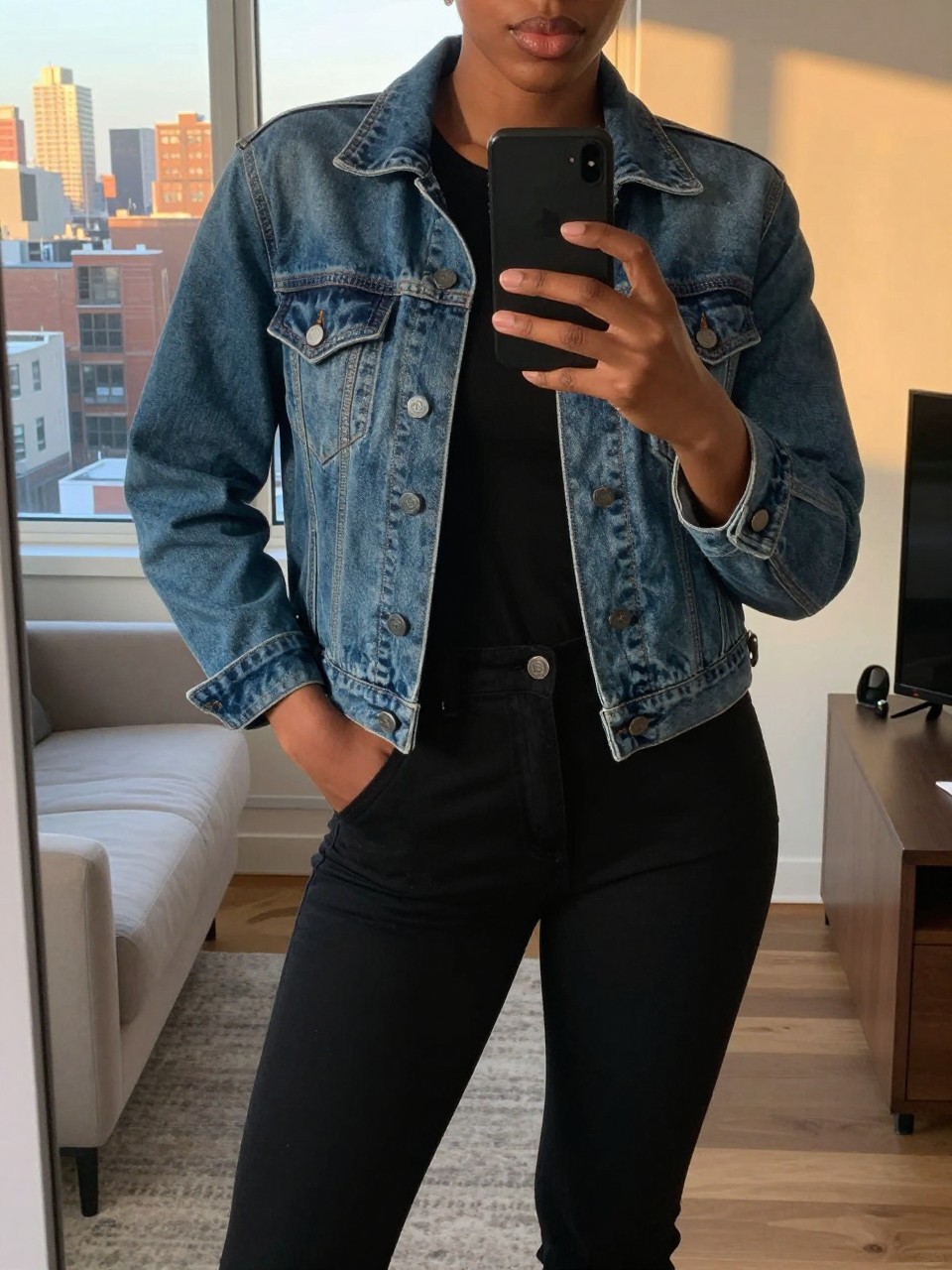 mirror selfie of a black woman in a jean jacket over all-black, hand in pocket, cropped at NECK so face doesn't show, in a city apartment during evening golden hour, iPhone photo quality.