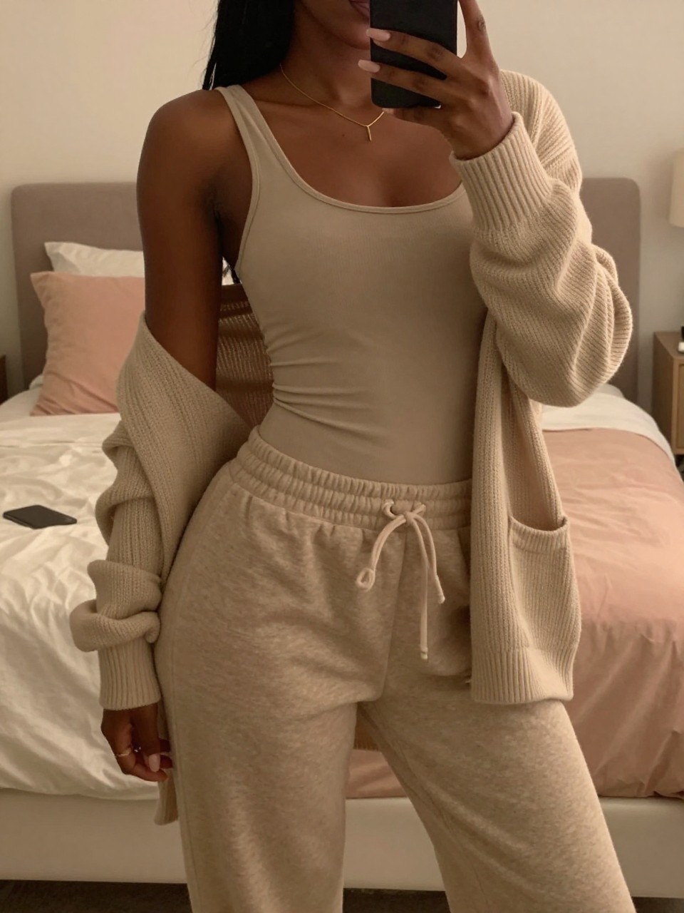 iPhone mirror selfie of a black woman in a fitted tank and oversized sweatpants with a cardigan, angled slightly, cropped at NECK so face doesn't show, in a feminine-themed bedroom with warm moody lighting, iPhone photo quality.