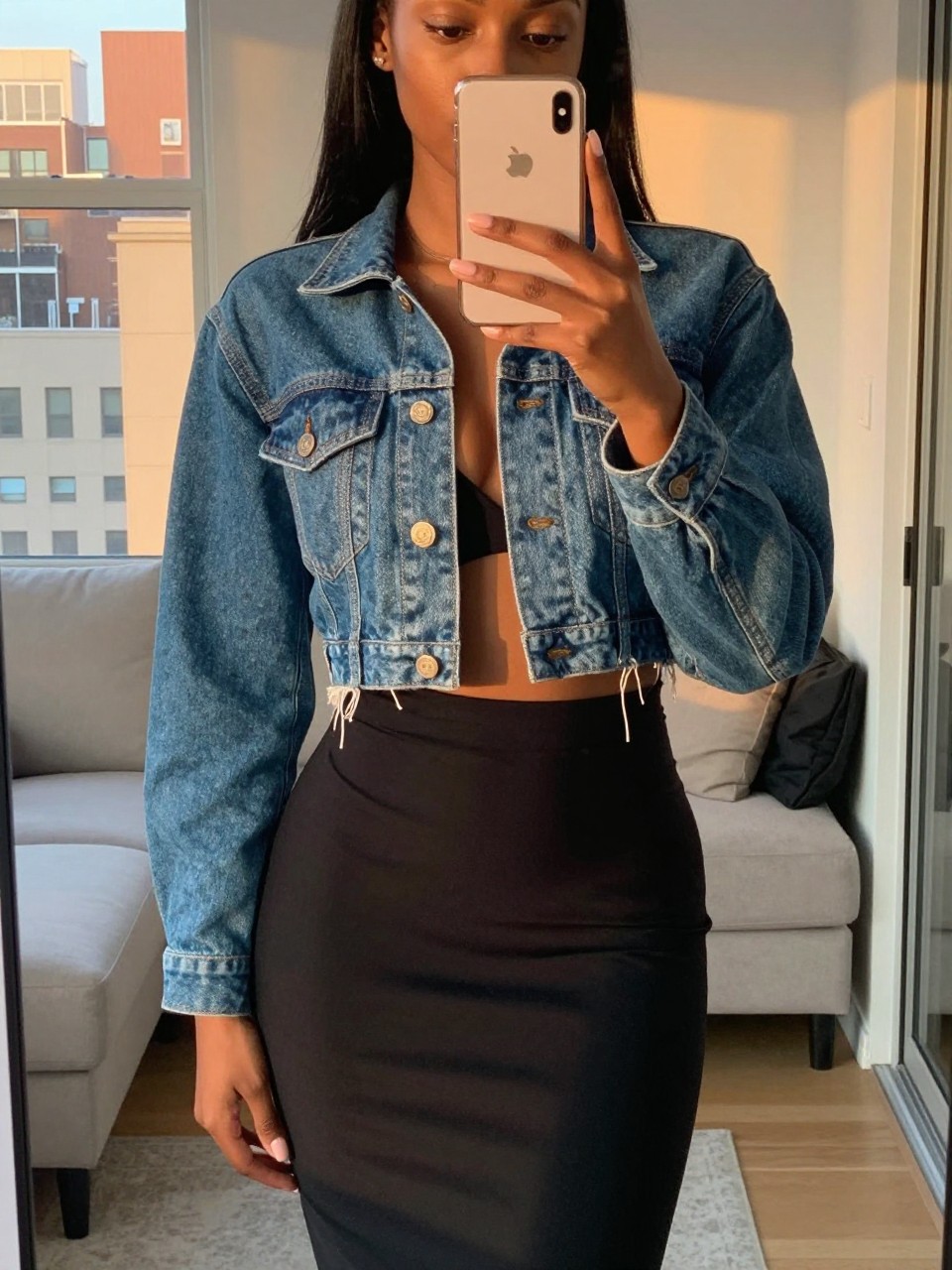 iPhone mirror selfie of a black woman in a cropped jean jacket and black slip skirt, phone held naturally, cropped at NECK so face doesn't show, in a city apartment during evening golden hour, iPhone photo quality.