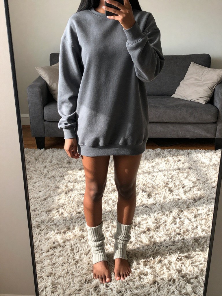 mirror selfie of a black woman in a sweatshirt dress and leg warmers, cropped at neck so face doesn't show, in a living room with a shag carpet, afternoon natural light, iPhone photo quality.