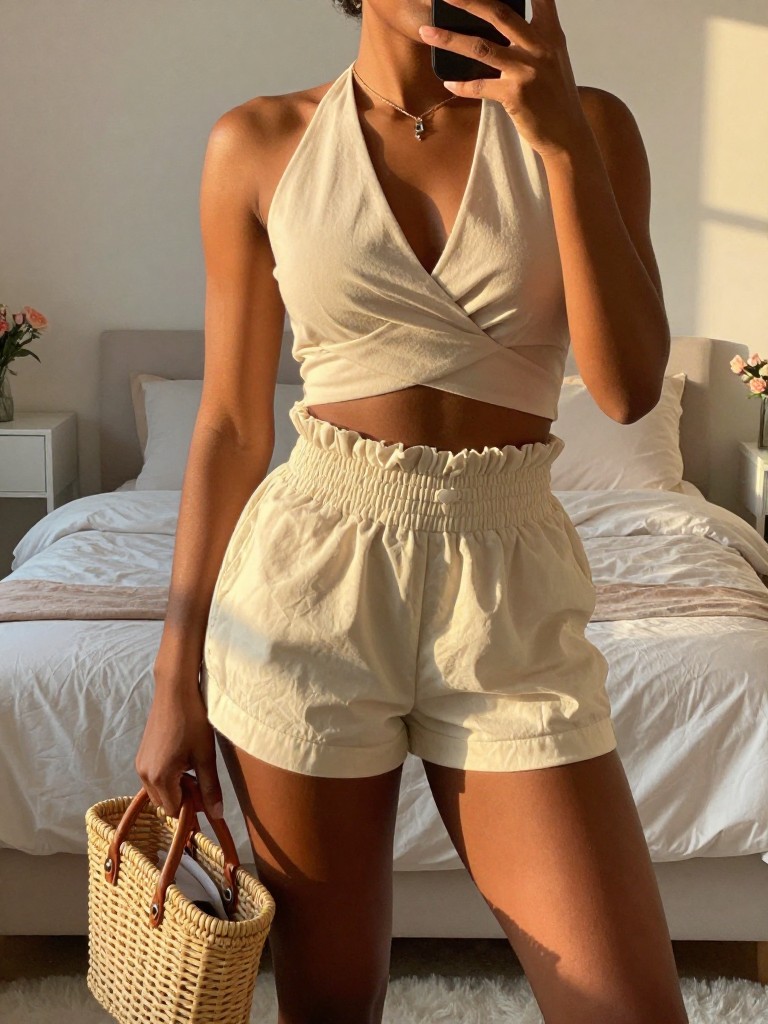 mirror selfie of a black woman in a wrap top and paperbag shorts, holding a basketbag, cropped at NECK so face doesn't show, in a feminine-themed bedroom, evening golden hour, iPhone photo quality.