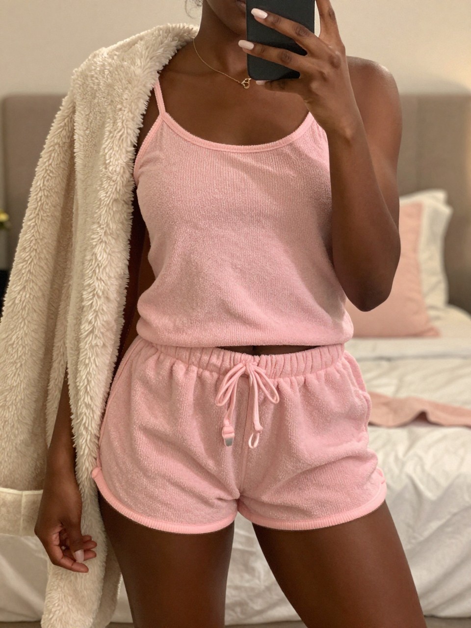 iPhone mirror selfie of a black woman in a pink terry cloth shorts set with a fuzzy blanket, relaxed pose, cropped at NECK so face doesn't show, in a feminine-themed bedroom with warm moody lighting, iPhone photo quality.