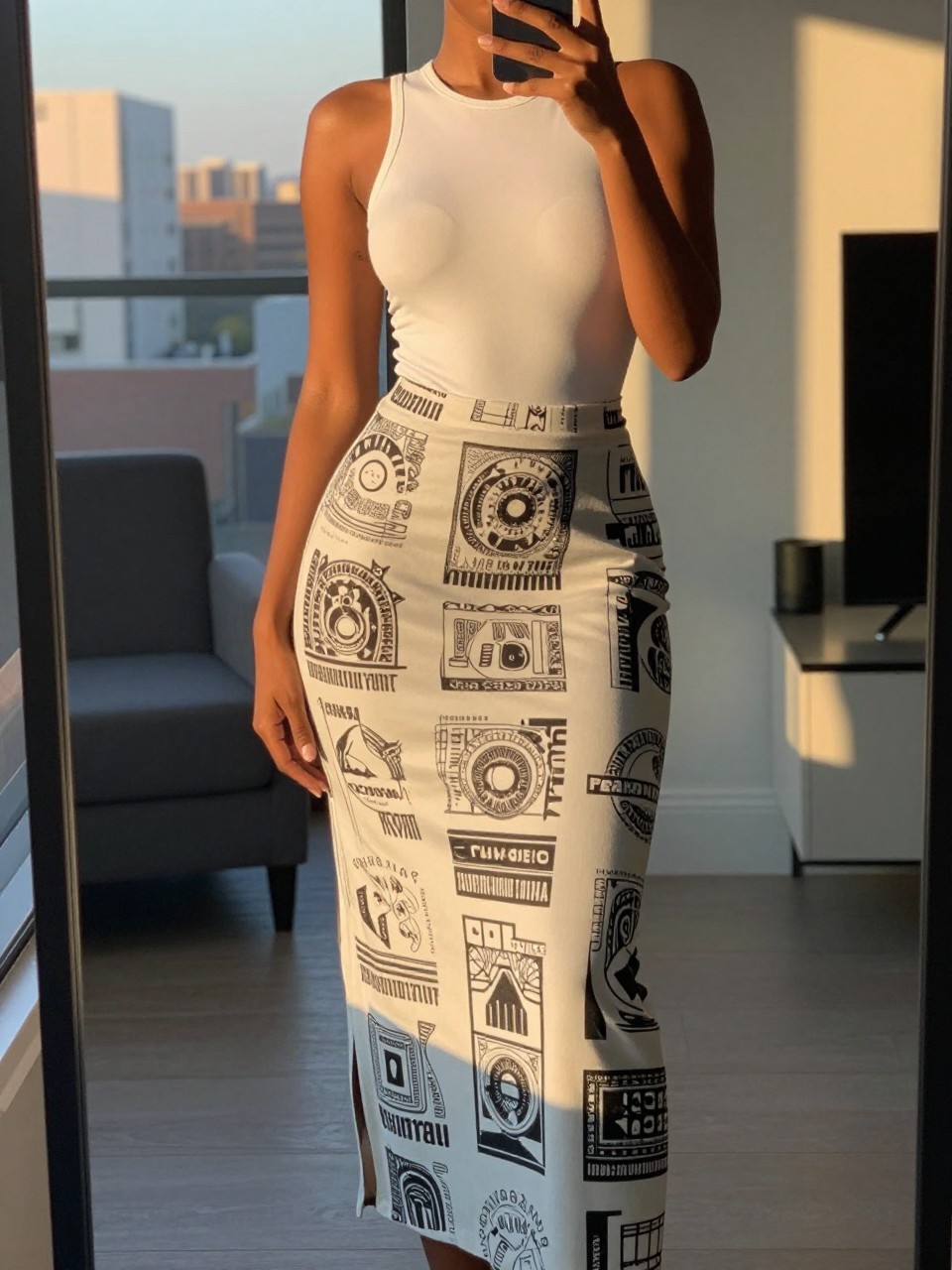 iPhone mirror selfie of a black woman in a white bodysuit and printed maxi skirt, phone held low to show full skirt, cropped at NECK so face doesn't show, in a city apartment during evening golden hour, iPhone photo quality.